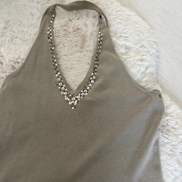 Taupe Sequin Embellished Halter Knit Top | V-Neck Sparkle Detail - Size Small - Picture 3 of 7